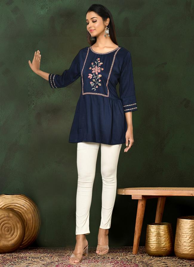 Viscose Blend Navy Blue Casual Wear Embroidery Work Readymade Short Top